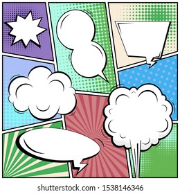 Abstract creative concept vector comic pop art style blank, layout template with clouds beams and isolated dots background. For sale banner, empty speech bubble set, illustration halftone book design.