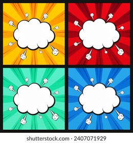 Resumen concepto creativo vectorial estilo de arte pop gráfico de historietas en blanco, plantilla de diseño con vigas nubes. Banne en venta. El arte pop es un fondo fluido. Juego de burbujas de voz vacías. Estilo de cómics. Ilustración del vector