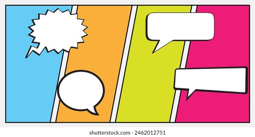 Abstract creative concept vector comic pop art style blank, layout template with clouds beams and isolated dots background. For sale banner, empty speech bubble set, illustration halftone book design