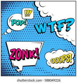 Abstract creative concept vector comic pop art style blank, layout template with clouds beams and isolated dots background. For sale banner, empty speech bubble set, illustration halftone book design