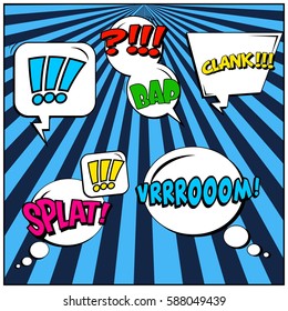 Abstract creative concept vector comic pop art style blank, layout template with clouds beams and isolated dots background. For sale banner, empty speech bubble set, illustration halftone book design