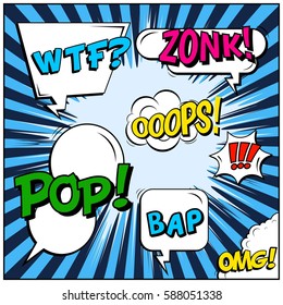 Abstract creative concept vector comic pop art style blank, layout template with clouds beams and isolated dots background. For sale banner, empty speech bubble set, illustration halftone book design