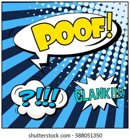 Abstract creative concept vector comic pop art style blank, layout template with clouds beams and isolated dots background. For sale banner, empty speech bubble set, illustration halftone book design