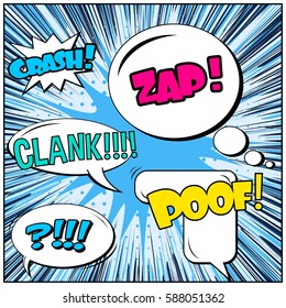Abstract creative concept vector comic pop art style blank, layout template with clouds beams and isolated dots background. For sale banner, empty speech bubble set, illustration halftone book design