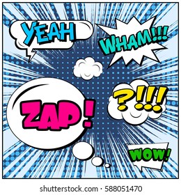 Abstract creative concept vector comic pop art style blank, layout template with clouds beams and isolated dots background. For sale banner, empty speech bubble set, illustration halftone book design