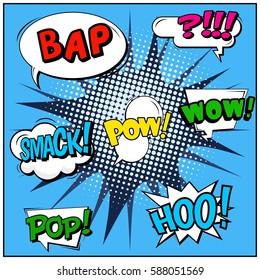 Abstract creative concept vector comic pop art style blank, layout template with clouds beams and isolated dots background. For sale banner, empty speech bubble set, illustration halftone book design
