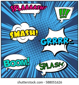 Abstract creative concept vector comic pop art style blank, layout template with clouds beams and isolated dots background. For sale banner, empty speech bubble set, illustration halftone book design