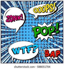Abstract creative concept vector comic pop art style blank, layout template with clouds beams and isolated dots background. For sale banner, empty speech bubble set, illustration halftone book design