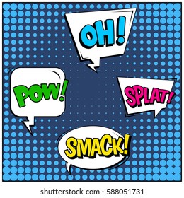 Abstract creative concept vector comic pop art style blank, layout template with clouds beams and isolated dots background. For sale banner, empty speech bubble set, illustration halftone book design