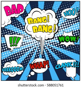 Abstract creative concept vector comic pop art style blank, layout template with clouds beams and isolated dots background. For sale banner, empty speech bubble set, illustration halftone book design