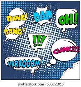 Abstract creative concept vector comic pop art style blank, layout template with clouds beams and isolated dots background. For sale banner, empty speech bubble set, illustration halftone book design