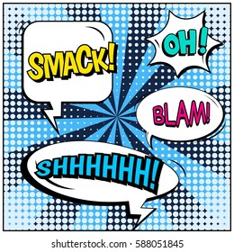 Abstract creative concept vector comic pop art style blank, layout template with clouds beams and isolated dots background. For sale banner, empty speech bubble set, illustration halftone book design