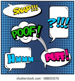 Abstract creative concept vector comic pop art style blank, layout template with clouds beams and isolated dots background. For sale banner, empty speech bubble set, illustration halftone book design