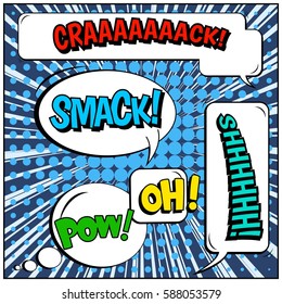 Abstract creative concept vector comic pop art style blank, layout template with clouds beams and isolated dots background. For sale banner, empty speech bubble set, illustration halftone book design