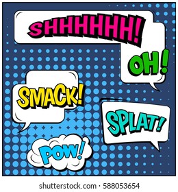 Abstract creative concept vector comic pop art style blank, layout template with clouds beams and isolated dots background. For sale banner, empty speech bubble set, illustration halftone book design