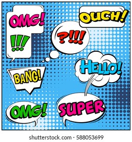 Abstract creative concept vector comic pop art style blank, layout template with clouds beams and isolated dots background. For sale banner, empty speech bubble set, illustration halftone book design