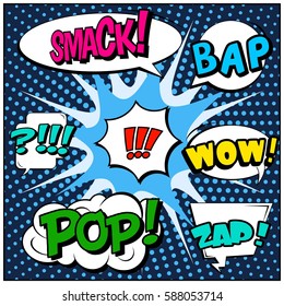Abstract creative concept vector comic pop art style blank, layout template with clouds beams and isolated dots background. For sale banner, empty speech bubble set, illustration halftone book design