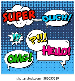 Abstract creative concept vector comic pop art style blank, layout template with clouds beams and isolated dots background. For sale banner, empty speech bubble set, illustration halftone book design