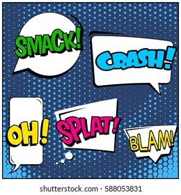 Abstract creative concept vector comic pop art style blank, layout template with clouds beams and isolated dots background. For sale banner, empty speech bubble set, illustration halftone book design