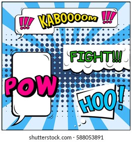 Abstract creative concept vector comic pop art style blank, layout template with clouds beams and isolated dots background. For sale banner, empty speech bubble set, illustration halftone book design