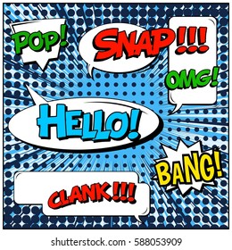 Abstract creative concept vector comic pop art style blank, layout template with clouds beams and isolated dots background. For sale banner, empty speech bubble set, illustration halftone book design