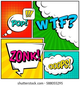 Abstract creative concept vector comic pop art style blank, layout template with clouds beams and isolated dots background. For sale banner, empty speech bubble set, illustration halftone book design