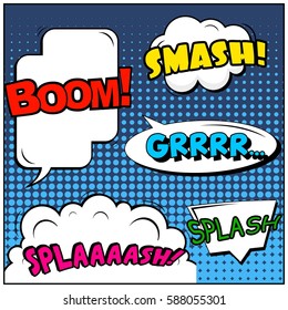 Abstract creative concept vector comic pop art style blank, layout template with clouds beams and isolated dots background. For sale banner, empty speech bubble set, illustration halftone book design
