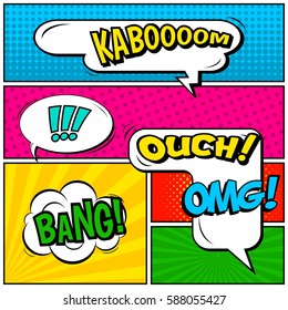 Abstract creative concept vector comic pop art style blank, layout template with clouds beams and isolated dots background. For sale banner, empty speech bubble set, illustration halftone book design