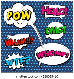 Abstract creative concept vector comic pop art style blank, layout template with clouds beams and isolated dots background. For sale banner, empty speech bubble set, illustration halftone book design