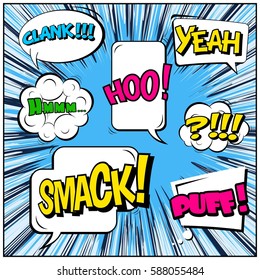 Abstract creative concept vector comic pop art style blank, layout template with clouds beams and isolated dots background. For sale banner, empty speech bubble set, illustration halftone book design