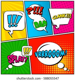 Abstract creative concept vector comic pop art style blank, layout template with clouds beams and isolated dots background. For sale banner, empty speech bubble set, illustration halftone book design