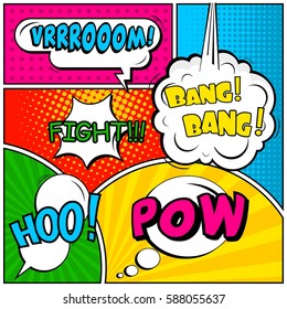 Abstract creative concept vector comic pop art style blank, layout template with clouds beams and isolated dots background. For sale banner, empty speech bubble set, illustration halftone book design