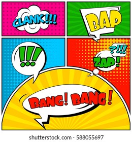 Abstract creative concept vector comic pop art style blank, layout template with clouds beams and isolated dots background. For sale banner, empty speech bubble set, illustration halftone book design