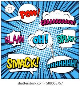 Abstract creative concept vector comic pop art style blank, layout template with clouds beams and isolated dots background. For sale banner, empty speech bubble set, illustration halftone book design