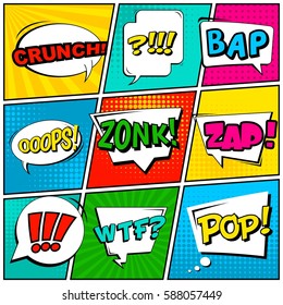 Abstract creative concept vector comic pop art style blank, layout template with clouds beams and isolated dots background. For sale banner, empty speech bubble set, illustration halftone book design