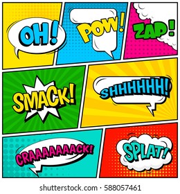 Abstract creative concept vector comic pop art style blank, layout template with clouds beams and isolated dots background. For sale banner, empty speech bubble set, illustration halftone book design
