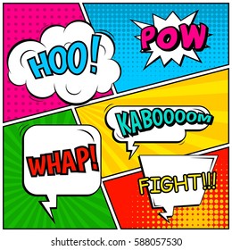 Abstract creative concept vector comic pop art style blank, layout template with clouds beams and isolated dots background. For sale banner, empty speech bubble set, illustration halftone book design