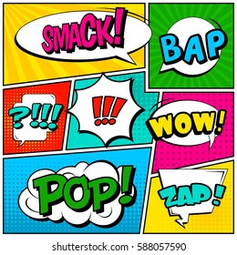 Abstract creative concept vector comic pop art style blank, layout template with clouds beams and isolated dots background. For sale banner, empty speech bubble set, illustration halftone book design
