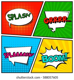 Abstract creative concept vector comic pop art style blank, layout template with clouds beams and isolated dots background. For sale banner, empty speech bubble set, illustration halftone book design
