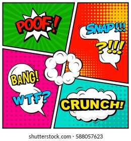 Abstract creative concept vector comic pop art style blank, layout template with clouds beams and isolated dots background. For sale banner, empty speech bubble set, illustration halftone book design