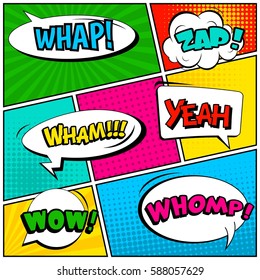 Abstract creative concept vector comic pop art style blank, layout template with clouds beams and isolated dots background. For sale banner, empty speech bubble set, illustration halftone book design