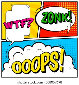Abstract creative concept vector comic pop art style blank, layout template with clouds beams and isolated dots background. For sale banner, empty speech bubble set, illustration halftone book design