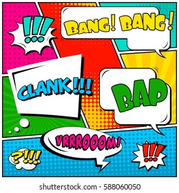 Abstract creative concept vector comic pop art style blank, layout template with clouds beams and isolated dots background. For sale banner, empty speech bubble set, illustration halftone book design