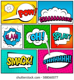 Abstract creative concept vector comic pop art style blank, layout template with clouds beams and isolated dots background. For sale banner, empty speech bubble set, illustration halftone book design