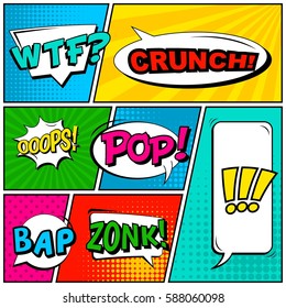 Abstract creative concept vector comic pop art style blank, layout template with clouds beams and isolated dots background. For sale banner, empty speech bubble set, illustration halftone book design