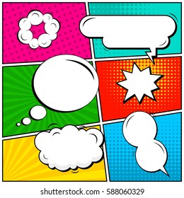 Abstract creative concept vector comic pop art style blank, layout template with clouds beams and isolated dots background. For sale banner, empty speech bubble set, illustration halftone book design