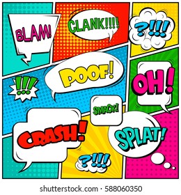 Abstract creative concept vector comic pop art style blank, layout template with clouds beams and isolated dots background. For sale banner, empty speech bubble set, illustration halftone book design