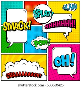 Abstract creative concept vector comic pop art style blank, layout template with clouds beams and isolated dots background. For sale banner, empty speech bubble set, illustration halftone book design
