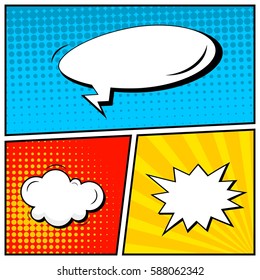 Abstract creative concept vector comic pop art style blank, layout template with clouds beams and isolated dots background. For sale banner, empty speech bubble set, illustration halftone book design