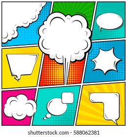 Abstract creative concept vector comic pop art style blank, layout template with clouds beams and isolated dots background. For sale banner, empty speech bubble set, illustration halftone book design